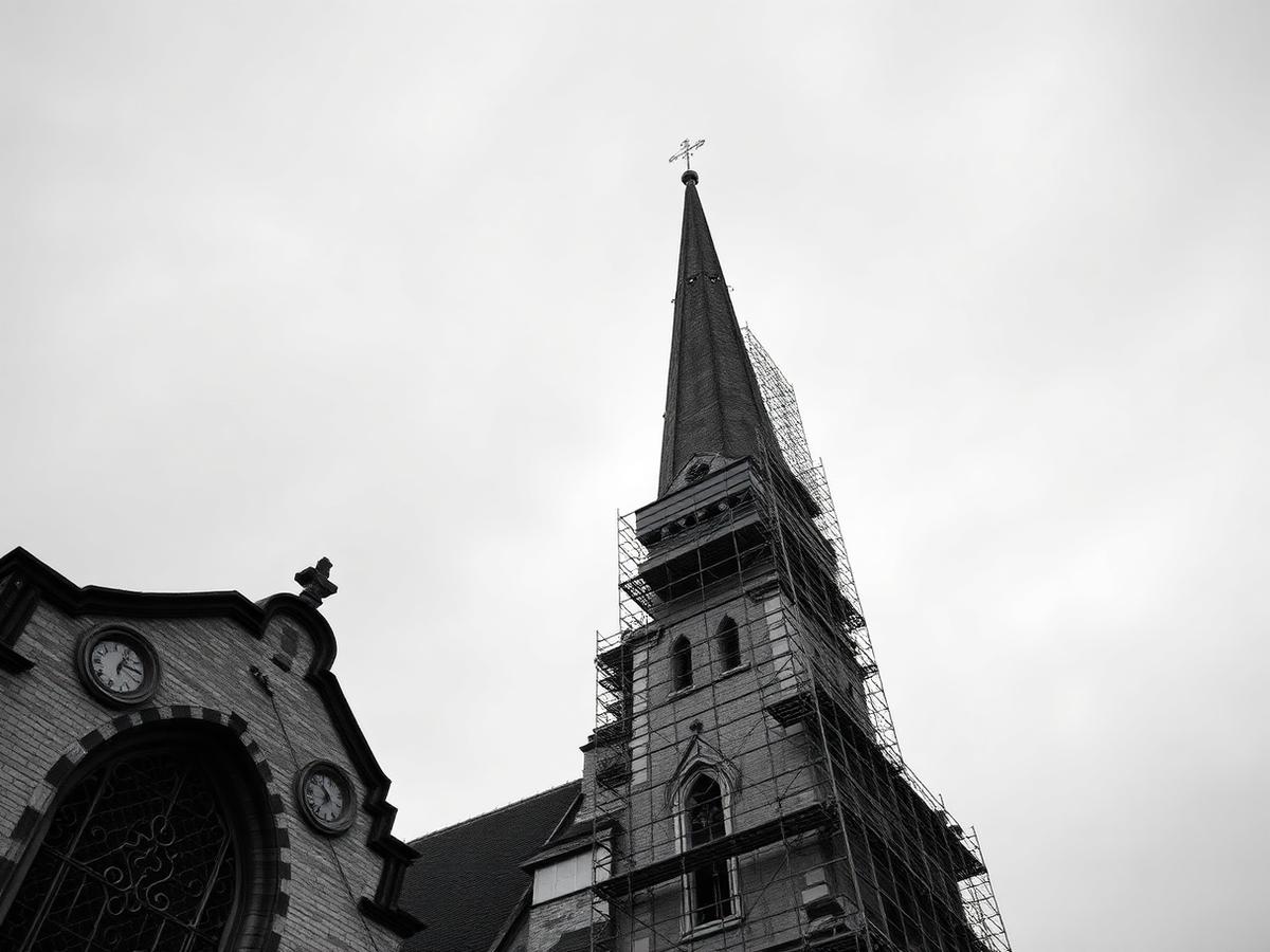 Stelling rond een historische kerktoren in Ninove