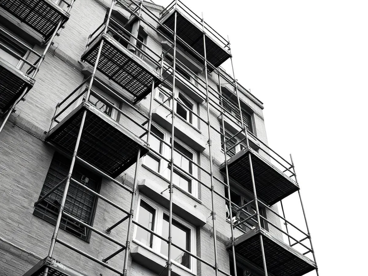 Gevelstelling met werkvloeren en leuningen tegen een appartementsgebouw in renovatie