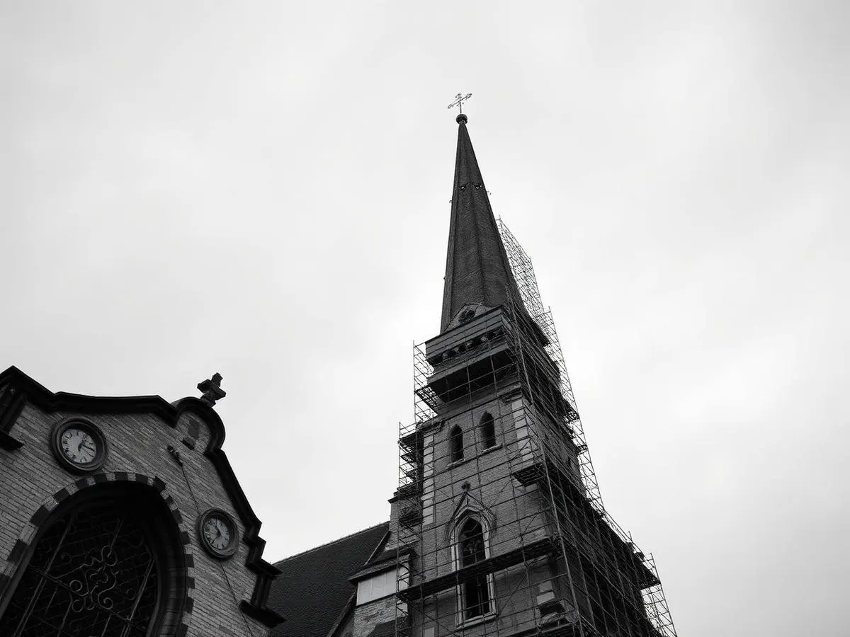 Restauratiestelling met tussenvloeren rond een historische kerktoren
