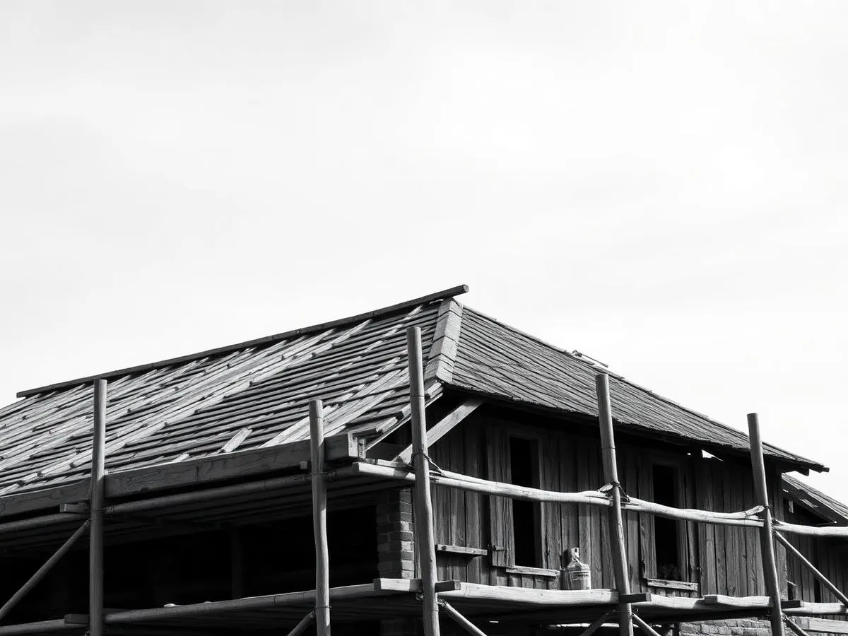 Stelling met werkvloer op goothoogte tijdens dakwerken aan een hoeve